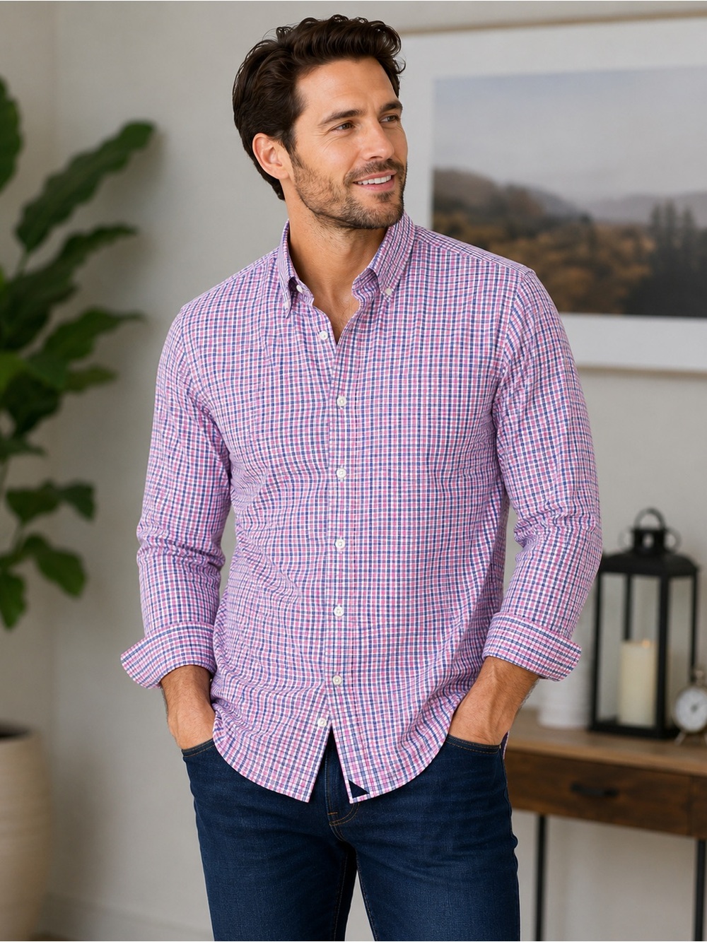 UNTUCKit Men’s Pink and Blue Checked Button-Down Shirt 0001